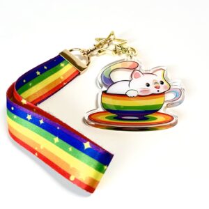“LGB Tea Cup Rainbow Cat” Lanyard Keychain
