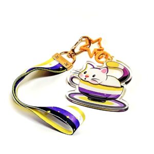“LGB Tea Cup Cat Enby” Lanyard Keychain