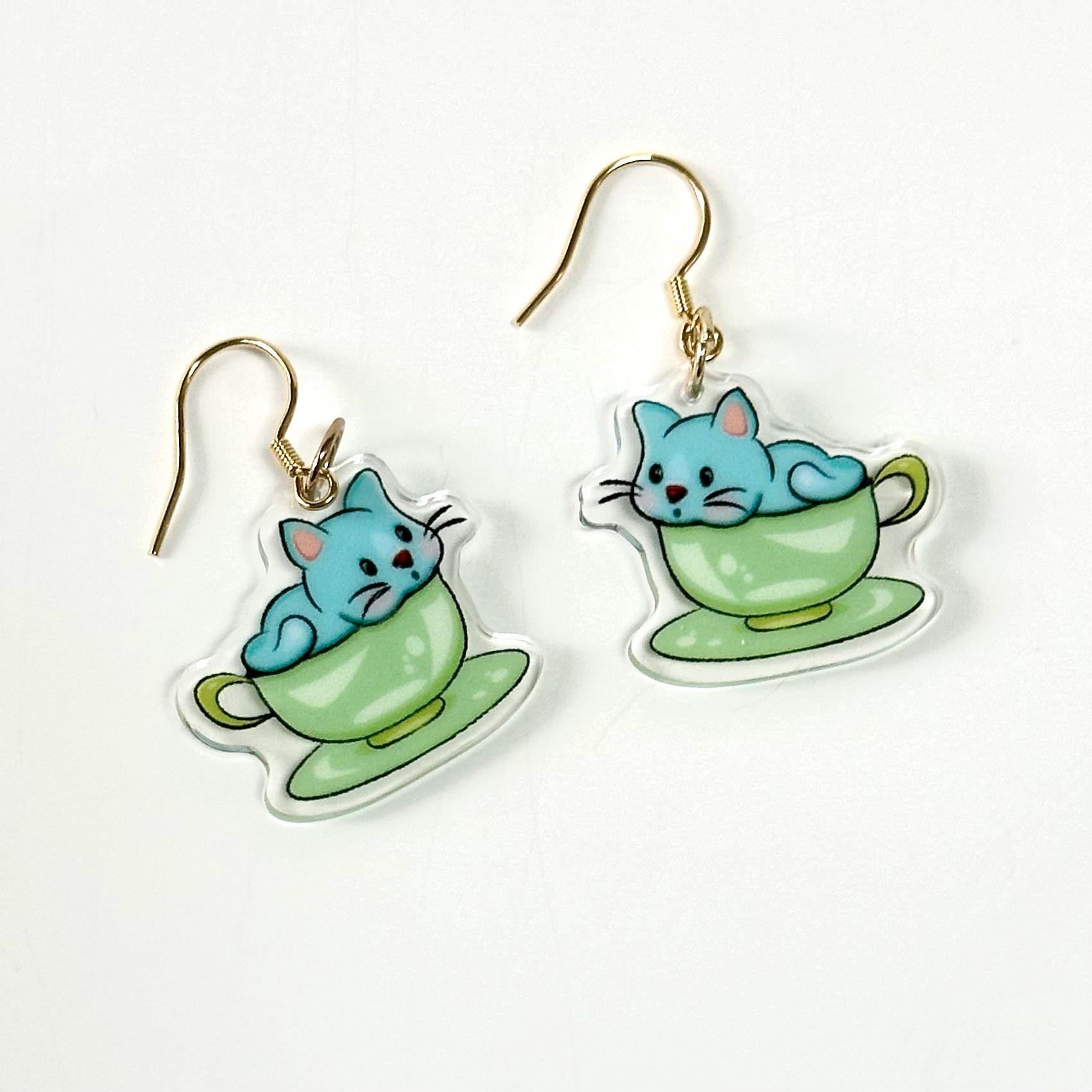 "Tea Cup Cat" Earrings